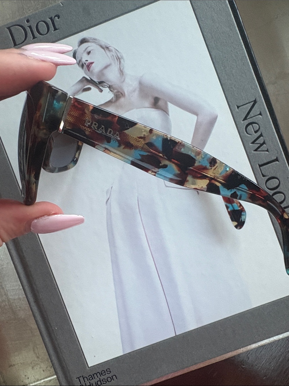 Prada Multicolor Patterned Acetate Sunglasses - Blue, Brown, Gold Accents - Picture 9 of 15